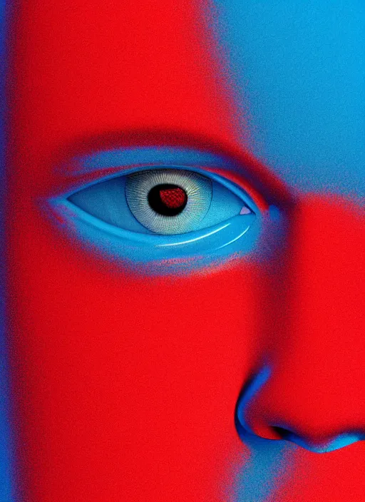 Image similar to a close up of a red mans face with blue eyes, an album cover by jacob toorenvliet, featured on behance, cubo - futurism, rendered in cinema 4 d, sketchfab, rendered in maya, red shift, synthwave, by enguerrand quarton, by alesso baldovinetti, 3 d render, holography,