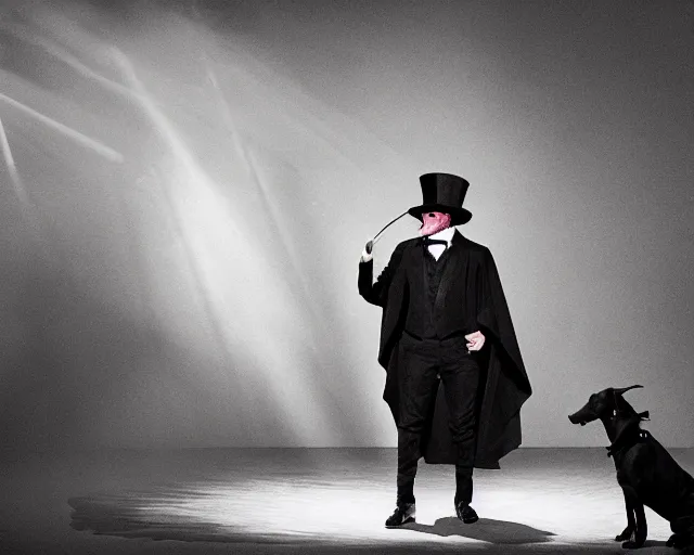 Image similar to a greyhound wearing a black cloak and a top hat, under a spotlight, magician dog performing on stage, dapper greyhound