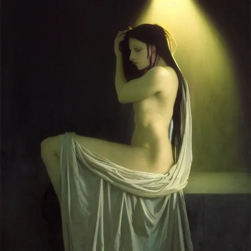 Image similar to awe-inspiring award-winning concept art painting of attractive figure in black shrouds called the ghost of the moonbow queen, rainbow, by Michael Whelan, William Adolphe Bouguereau, John Williams Waterhouse, and Donato Giancola, cyberpunk, extremely moody lighting, glowing light and shadow, atmospheric, shadowy, cinematic, 8K