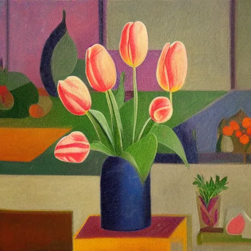 Image similar to Potted Tulip still life, matte painting, in the style of Paul Gaugin