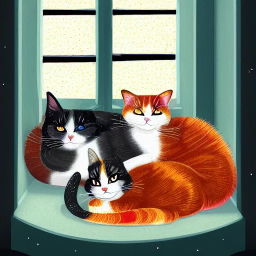 Image similar to two cute multi - colored calico cats sleeping inside a cozy home in the evening, stars shining in the night sky through the window,, artstation, cgsociety, storybook art