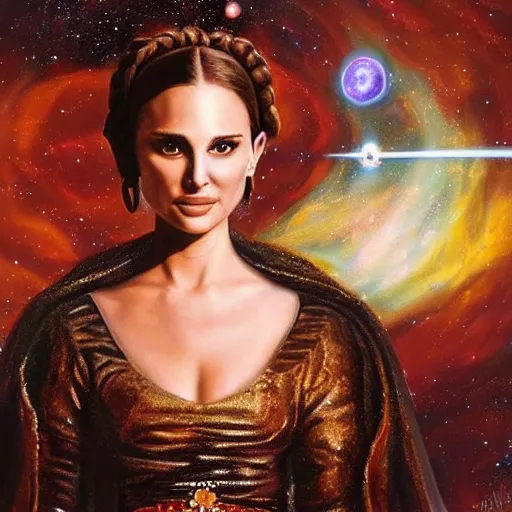 Image similar to a beautiful painting of a ornate highly detailed natalie portman as princess leia, nebulas in the background