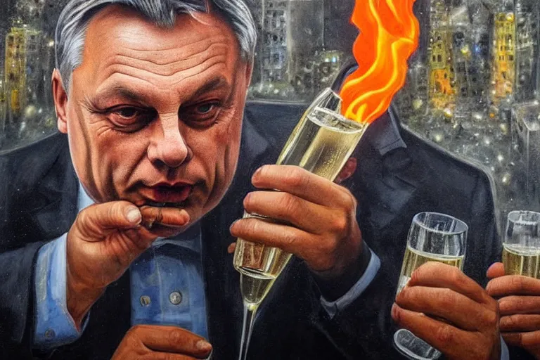 Prompt: viktor orban drinking champagne in front a burning city, highly detailed eyes, oil on canvas