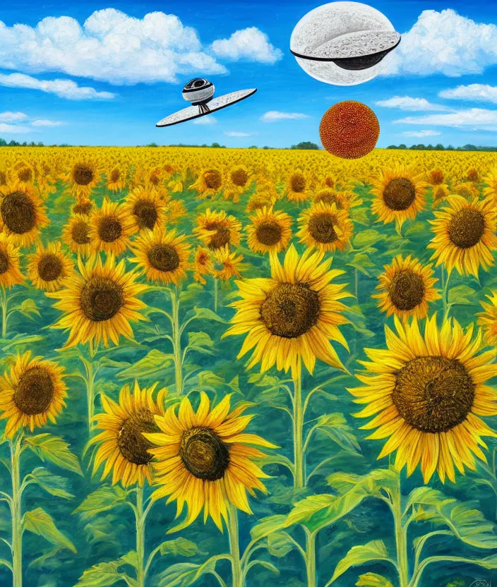 Image similar to a highly detailed painting of a sunflower field and an ufo abducting a cow, very fine brush strokes, baby blue sky with aesthetic clouds, 4 k,