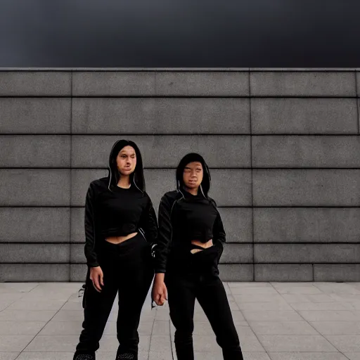 Image similar to photograph of 2 women wearing black techwear in front of a brutalist sharp - edged metal building, on a desolate plain, red eerie sky, sigma 8 5 mm f / 1. 4, 4 k, depth of field, high resolution, 4 k, 8 k, hd, full color