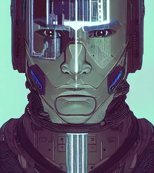 Prompt: a cyberpunk man with multiple digital patchwork faces, techwear, Industrial Scifi, detailed illustration, character portrait, by Martin Grip and Moebius