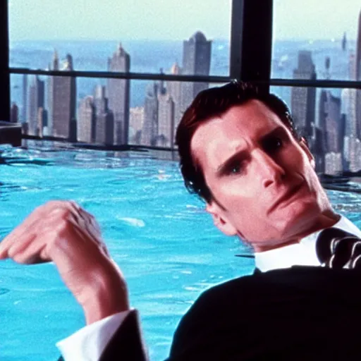 Image similar to patrick bateman chilling in a swimming pool on the terrace of empire state building, in american psycho ( 1 9 9 9 )