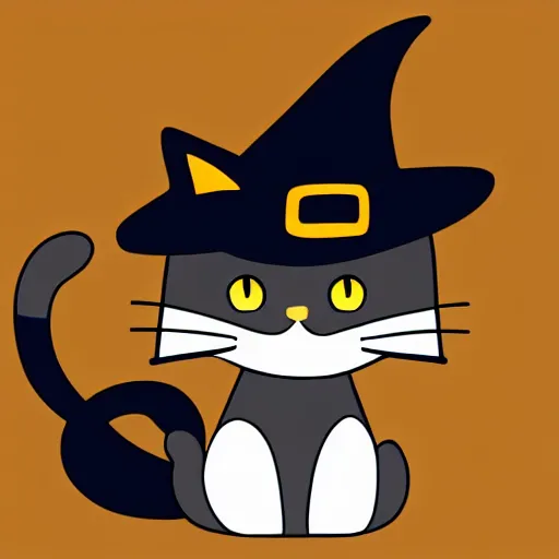 Image similar to drawing of a cat using witch hat. cartoon. cute. anime style.