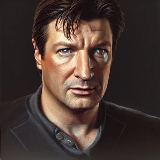 Prompt: A portrait of Nathan Fillion, highly detailed photorealistic, unreal 5, hugh definition, 8k, deviantart, donato giancola, oil painting