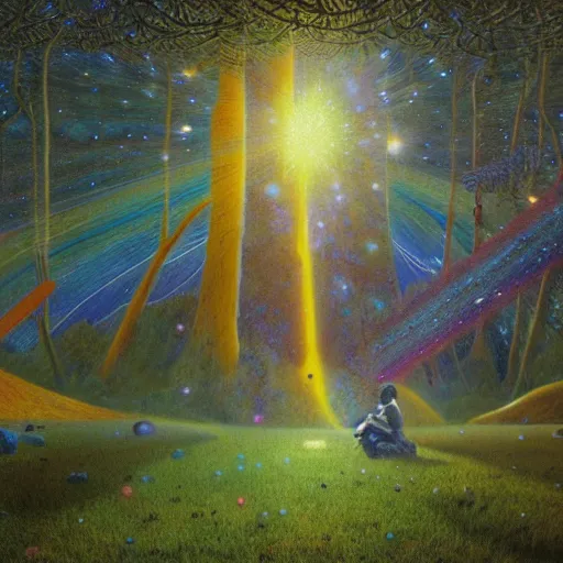 Image similar to psychedelic lush pine forest, space man, astronaut, outer space, milky way, designed by arnold bocklin, jules bastien - lepage, tarsila do amaral, wayne barlowe and gustave baumann, cheval michael, trending on artstation, star, sharp focus, colorful refracted sparkles and lines, soft light, 8 k 4 k