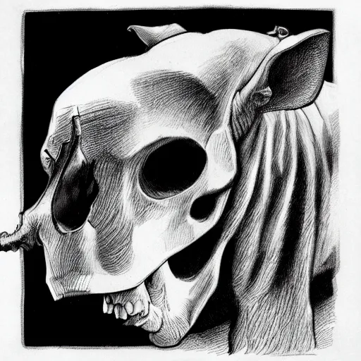 Prompt: A skull of a tapir. Frontal View, Close Up Shot, Dark Fantasy, Film Noir, Black and White. High Contrast, Mike Mignola, D&D, OSR