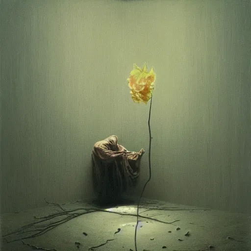 Prompt: a white golemn tending to a beautiful flower in a dark room, zdzislaw beksinski, arthur rachham, 8 k, artstation, interior