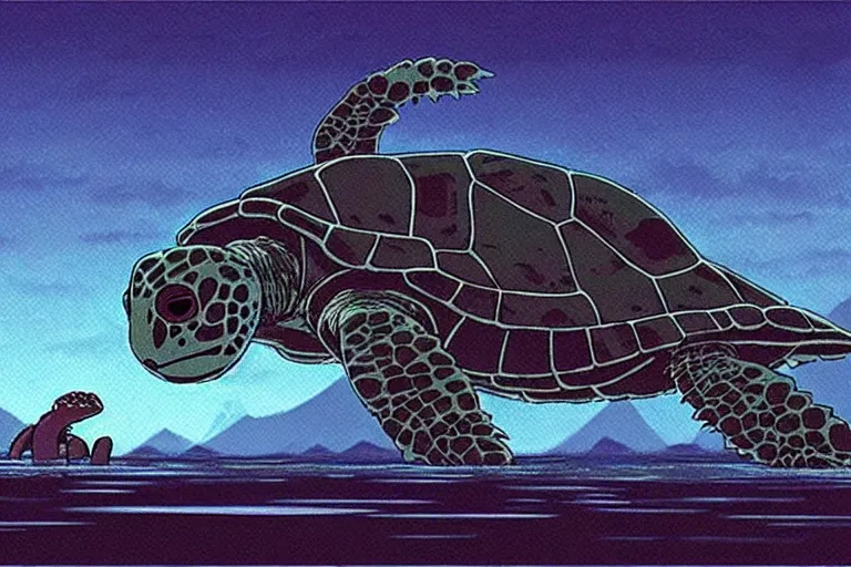 Prompt: a still from princess mononoke ( 1 9 9 7 ) film of an alien mothership shaped like a sea turtle, at night in the suburbs. full body, wide shot, very muted colors, post grunge, studio ghibli, laurie greasley, highly detailed, deviantart, art by artgem