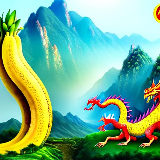 Prompt: Chinese president with bananas, battle with dragon, mountains background, fantasy art, 4k