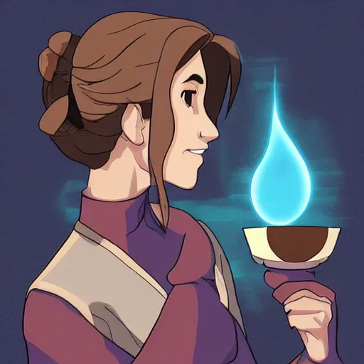 Image similar to Avatar korra drinking tea, digital art