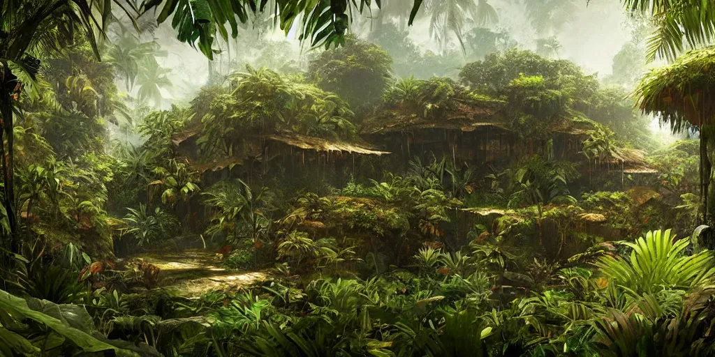 Image similar to tropical jungle, wall wood fortress, Photorealistic, plants environment, wide angle, establishing shot, cinematic lighting, atmospheric, realistic, octane render, highly detailed, color graded, matte painting in the style of craig mullins