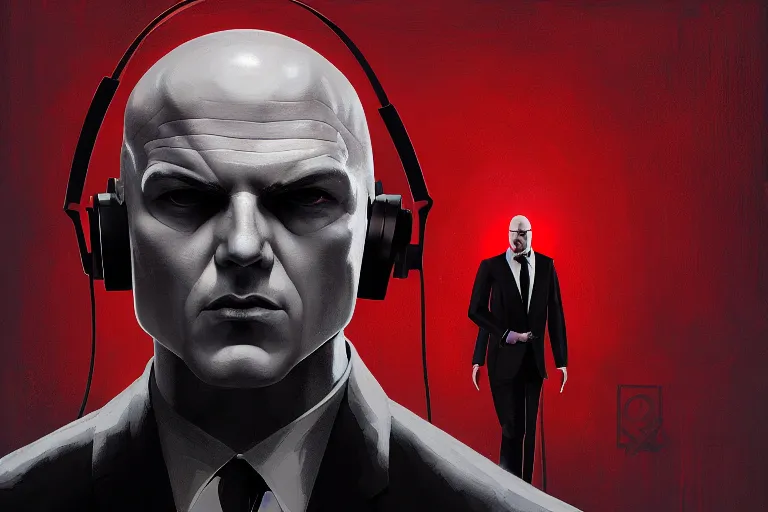 Image similar to an expressive portrait of agent 4 7 from hitman wearing headphones and holding a handgun in front of a wall of vinyl records, head being lit by red rim light, digital art, artstation, art by giger stalenhag