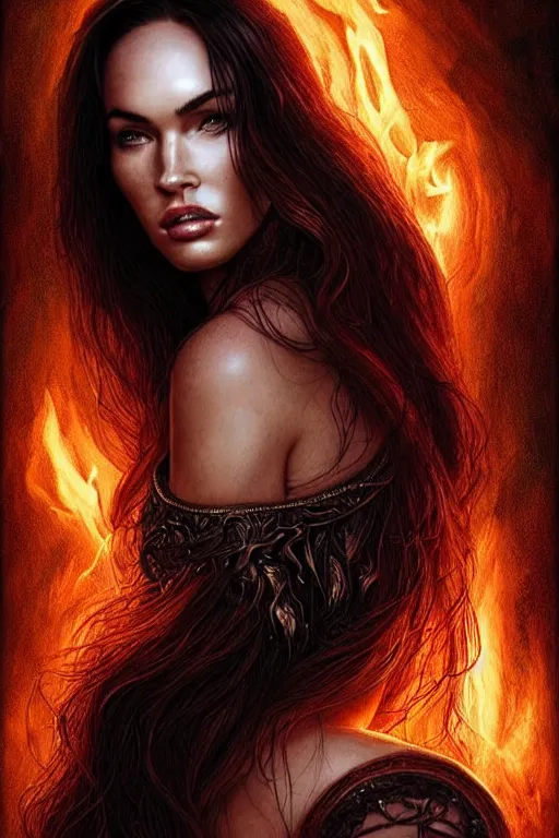 Image similar to majestic and regal portrait of a beautiful young megan fox fire goddess!!, intricate, epic, elegant, menacing, fantasy, highly detailed, digital painting, hard focus, beautiful volumetric lighting, epic light, ultra detailed, souls, smoke, by leesha hannigan, ross tran, thierry doizon, kai carpenter, ignacio fernandez rios