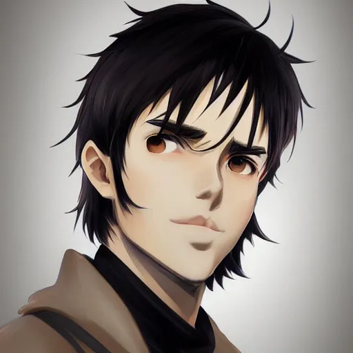 Image similar to Anime portrait of a man by Artgerm, he is about 30 years old, short black hair with bangs, his features are a mix between French, Turkish and Russian and he is wearing a beige and black utility jumpsuit, highly detailed portrait, digital painting, artstation, concept art, smooth, sharp foccus ilustration, Artstation HQ