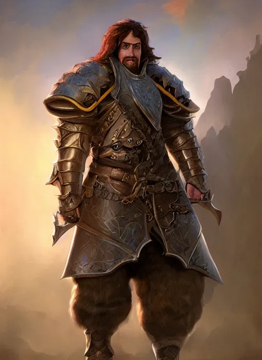 Image similar to A fantasy portrait painting of a male grim hobbit wearing leather armor in a bright castle setting, DAZ, hyperrealistic, ambient light, dynamic light, deviantart, artstation, d&d, RPG portrait, nvidia, vray