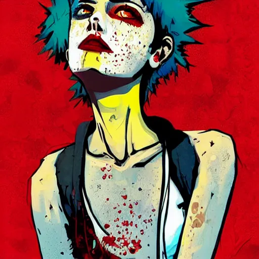 Image similar to Highly detailed portrait of a punk zombie cuban young lady with freckles and short spikey punk hair by Atey Ghailan, by Loish, by Bryan Lee O'Malley, by Cliff Chiang, was inspired by image comics, inspired by scott pilgrim, inspired by graphic novel cover art !!!electric blue, brown, black, yellow and white color scheme ((grafitti tag brick wall background))