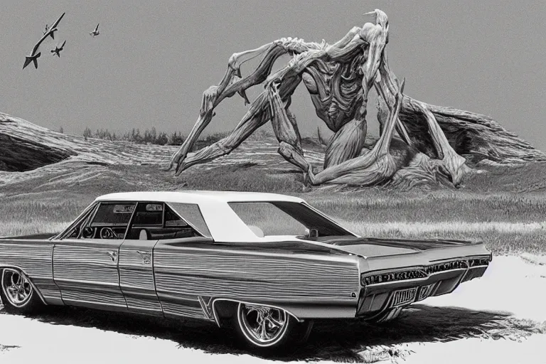 Prompt: intricate, 3 d, 1 9 6 7 impala, style by caspar david friedrich and wayne barlowe and ted nasmith.