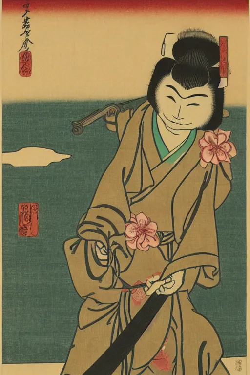 Prompt: Japanese woodblock print of Yoda holding a samurai sword , cherry blossom, Hokusai