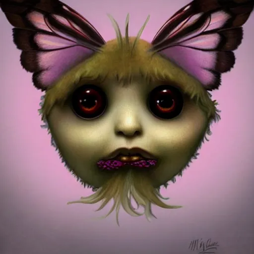 Image similar to beautiful portrait of a fluffy moth in the style of Mark Ryden, detailed, trending on Artstation