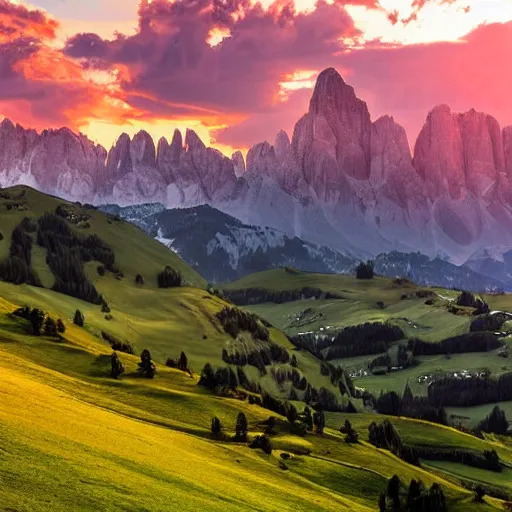 Prompt: sunset over the dolomite alps in summer, award winning, soft lighting, atmospheric