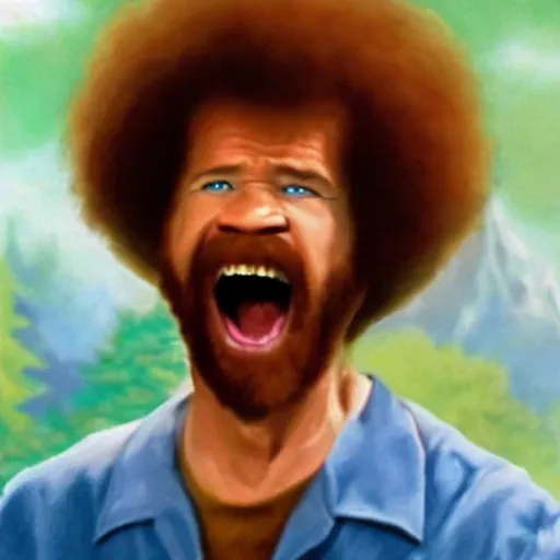 Image similar to insanely angry bob ross screaming at painting mistake