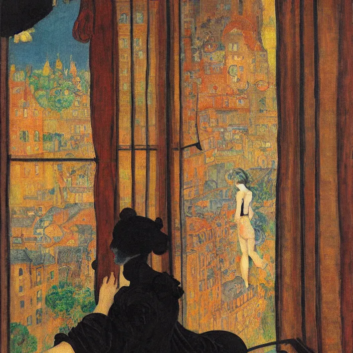 Image similar to portrait of woman in night cat gown croton and crane with steampunk metropolis seen from a window frame with curtains. agnes pelton, caravaggio, bonnard, henri de toulouse - lautrec, utamaro, matisse, monet