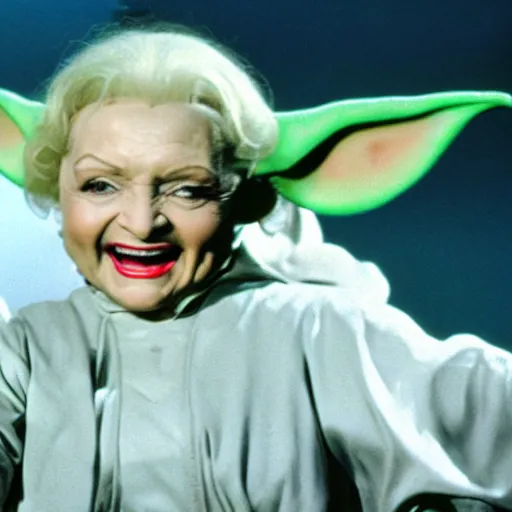 Image similar to promotional image of Betty White as baby yoda dancing.