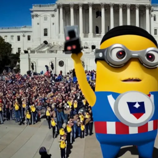 Image similar to GoPro selfie footage of an army of patriotic Minions storming the Capitol, style of Pixar