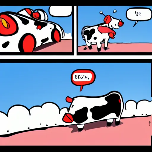 Image similar to cow driving a car, comics style, 4 k