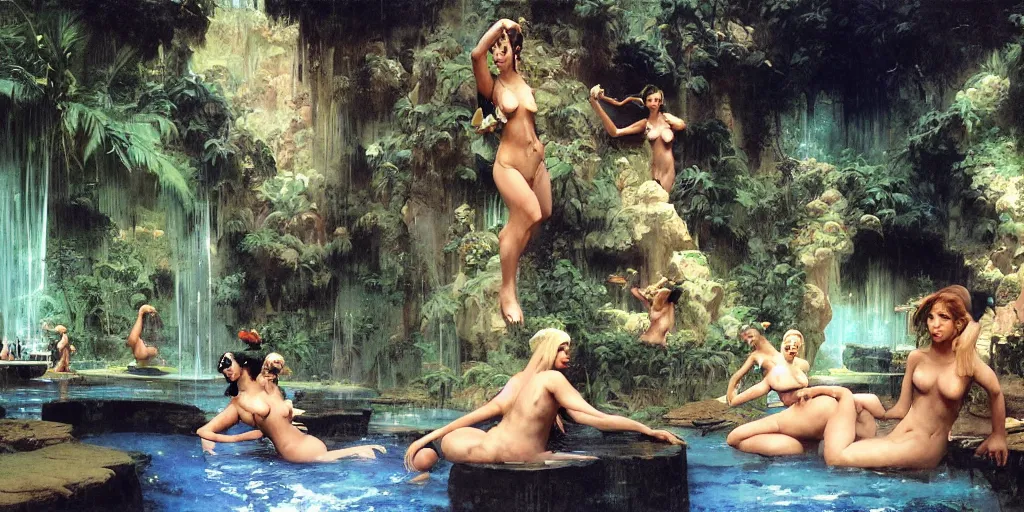 Image similar to a tropical cave that renovate as a luxury interior as a harem of beautiful women bathe in the waters and surround our protagonist by syd mead, frank frazetta, ken kelly, simon bisley, richard corben, william - adolphe bouguereau, detailed concept art