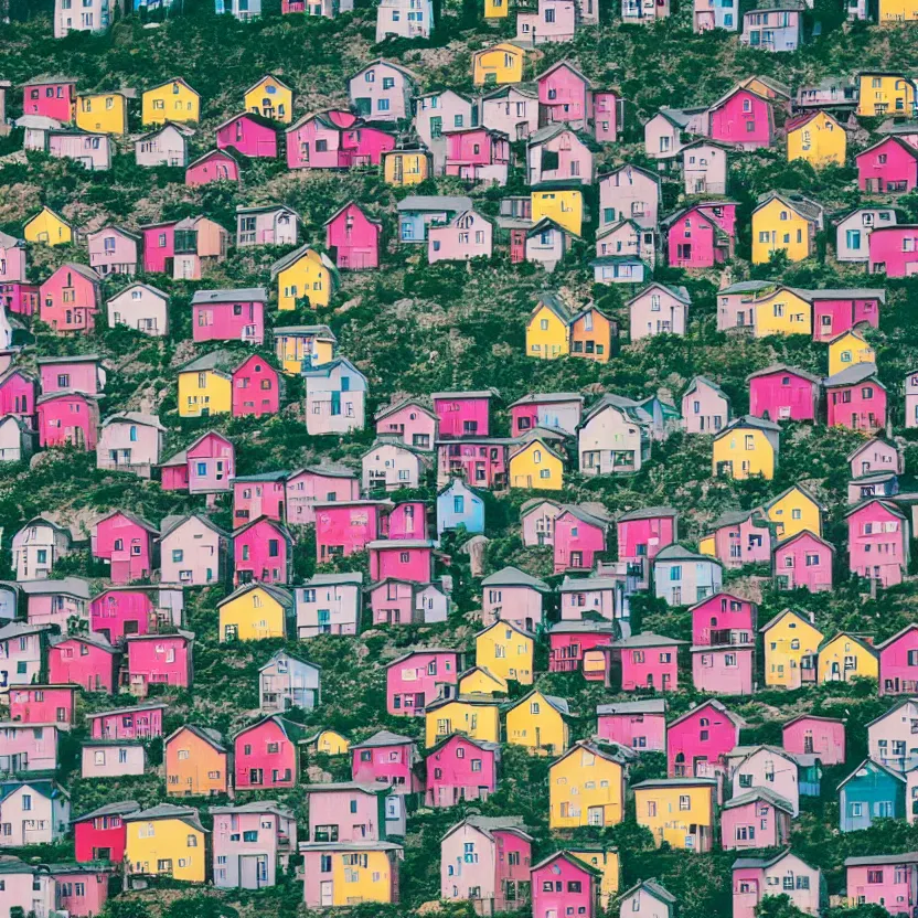 Image similar to little boxes on the hillside little boxes made of ticky tacky little boxes on the hillside little boxes all the same there's a pink one and a green one and a blue one and a yellow one, 3 5 mm photography