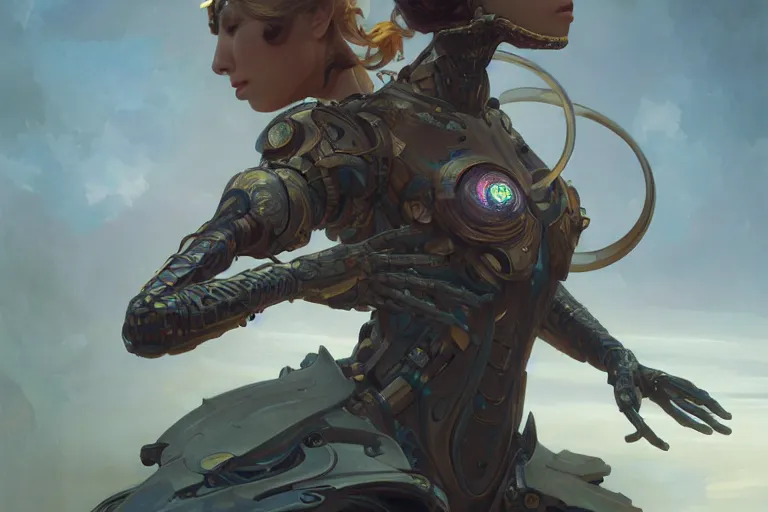 Image similar to an anthropomorphic artificial intelligence, dynamic action pose, female, machine, intricate, highly detailed, digital painting, artstation, concept art, smooth, sharp focus, illustration, unreal engine 5, 8 k, art by artgerm and greg rutkowski and alphonse mucha