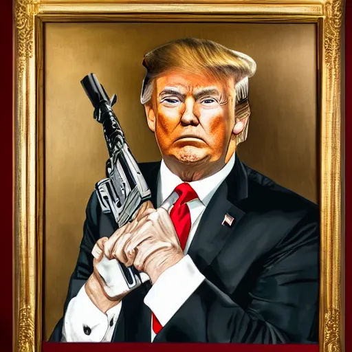 Image similar to trump holding machine gun in a portrait