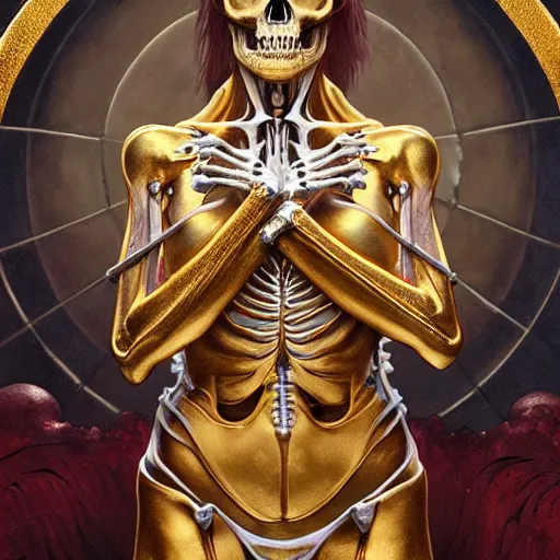 Image similar to human skeleton made of gold and silver covered with blood, ultra realistic, concept art, intricate details, highly detailed, photorealistic, octane render, 8 k, unreal engine. art by artgerm and greg rutkowski and alphonse mucha