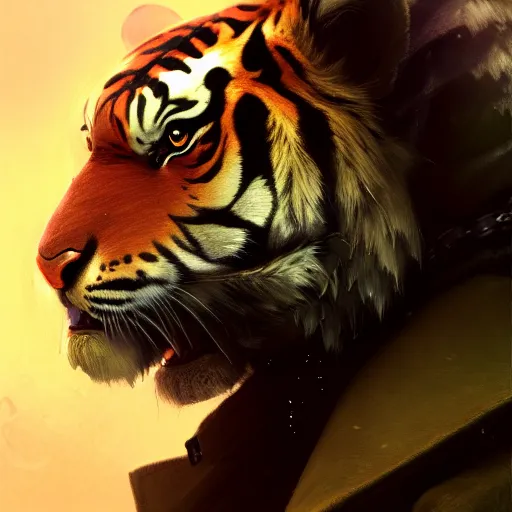 Image similar to portrait male anthro tiger dressed in military clothes character full body precis no blur, concept art, character sheet, nier automata, gaston bussiere, greg rutkowski, tsutomu nihei, cyberpunk, trending on artstation, featured on pixiv, hyper detail, cinematic composition, 8 k, detaiped face