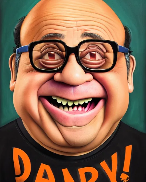 Prompt: painting portrait of danny devito as a ham, cartoon, warm lighting, danny devito has a ham body. movie poster, illustration by bartek fedyczak, erak note, tooth wu, neil richards, kan liu, siwoo kim, jisu choe, trending on art station