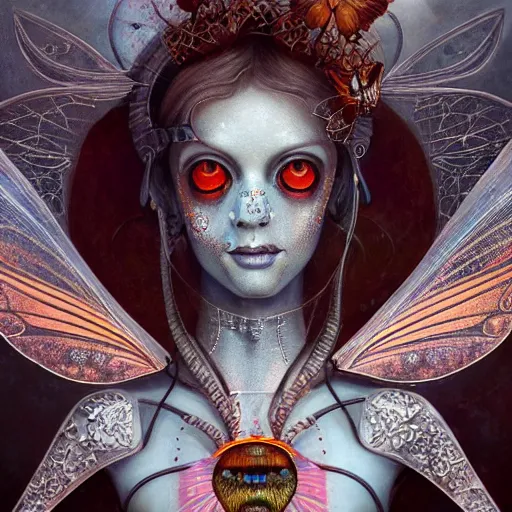 Image similar to realistic illustration of a beautiful rusted mechanical faerie queen with glowing eyes, moth wings with geometric patterns, reflective detailed textures, highly detailed dark fantasy science fiction painting by tom bagshaw and diego rivera, silver and cool colors, artstation