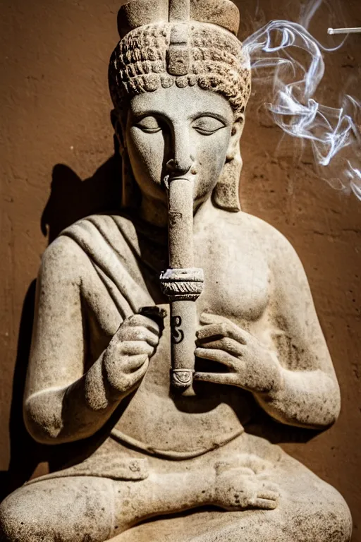 Prompt: photo of the ancient statue smoking an ancient hookah, symmetrical, cinematic, real dlsr photography, sharp focus, 4 k, ultra hd, sense of awe, archeology journal cover