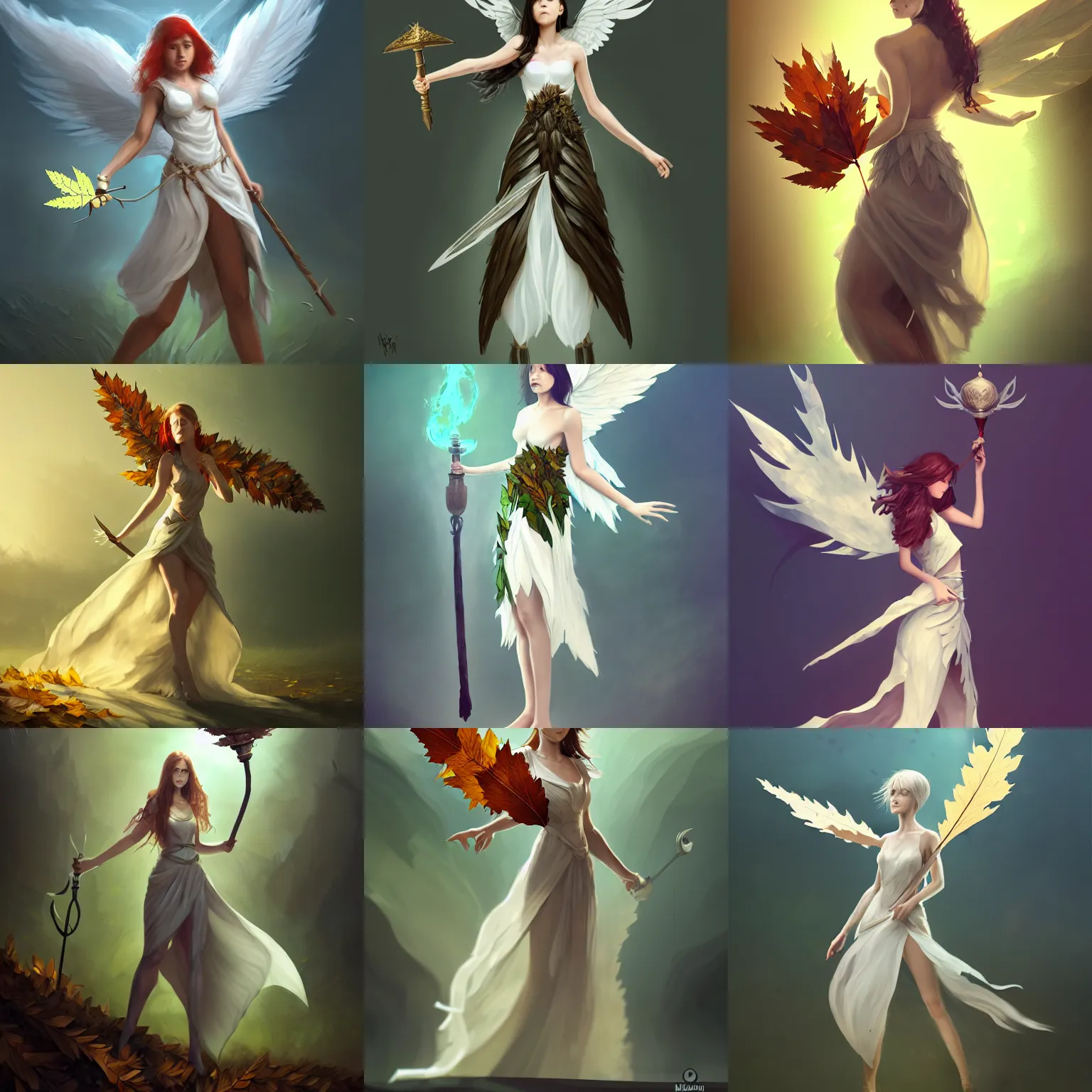 Prompt: a girl with wings made of leaves, holding up a mace, concept art by muggur, flowing white dress, smooth, sharp focus, artstation contest winner, fantasy, 2 d game, tarot card