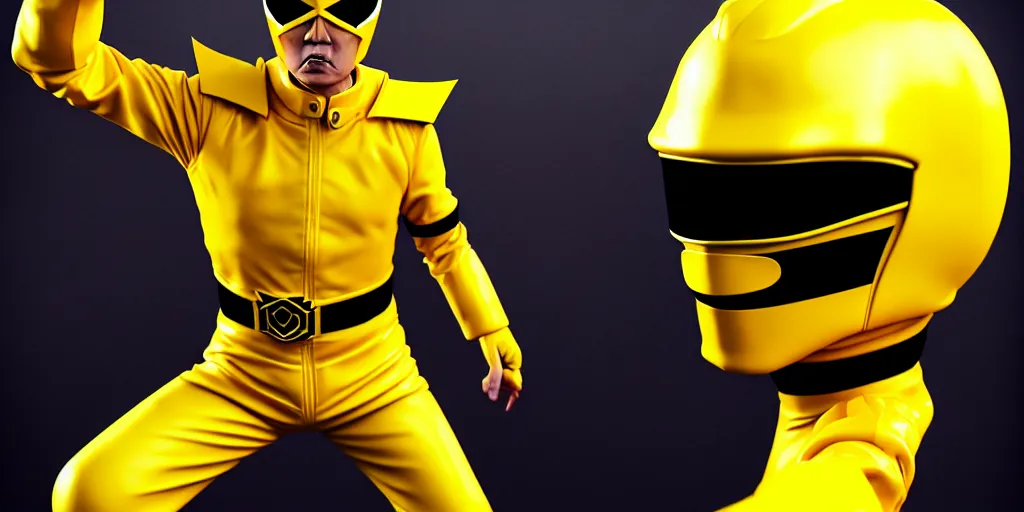 Image similar to symmetry!! yellow ranger dressed like donald trump, samurai, asian, artstation, art by murata, art by oda echiiro, lightning helmet, 3 d, jumpsuit, tracksuit, yellow, gloves, logo