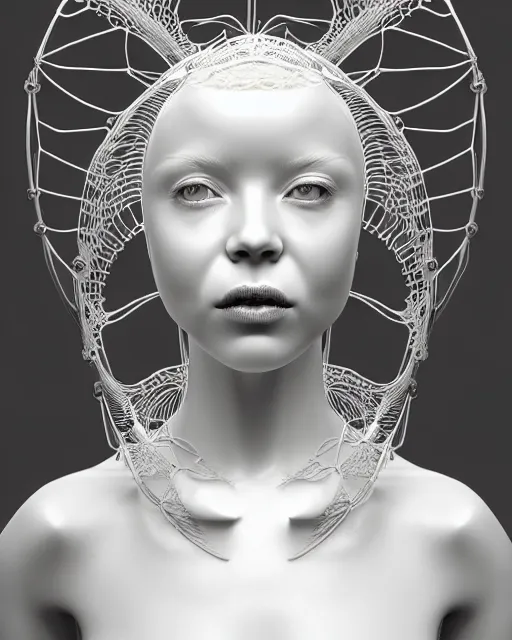 Prompt: bw 3 d render, stunning beautiful young cute biomechanical albino female cyborg with a porcelain profile face, angelic, rim light, big leaves and stems, roots, fine foliage lace, alexander mcqueen, art nouveau fashion embroidered, steampunk, silver filigree details, hexagonal mesh wire, mandelbrot fractal, elegant, artstation trending