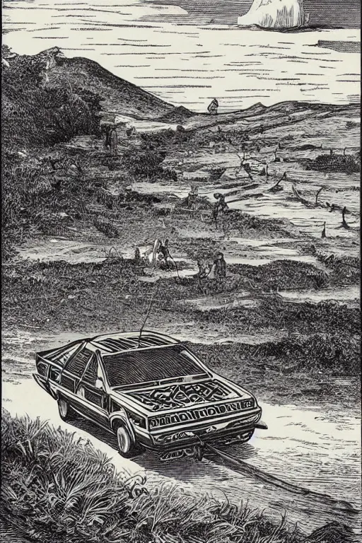 Prompt: 19th century wood-engraving of Toyota Corolla V, whole page illustration from Jules Verne book, art by Édouard Riou Jules Férat and Henri de Montaut, high quality, beautiful, removed watermarks