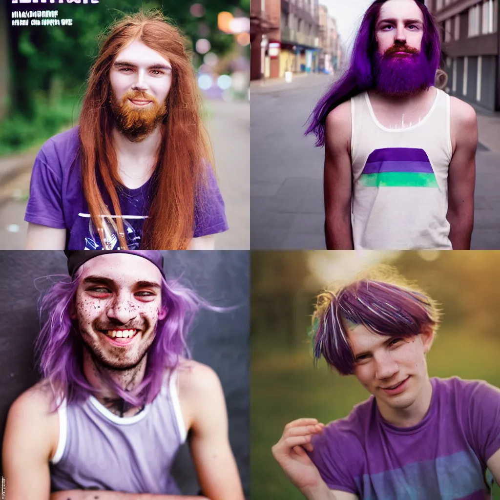 Prompt: large full format portrait of a young university student with middle long colored hair, light freckles wearing his violet basecap and tanktop, he is smirking into the camera for a cover of a gay print magazine, kodak portra 4 0 0, street photography, lomography, kreuzberg, blurred, soft moody, sweaty