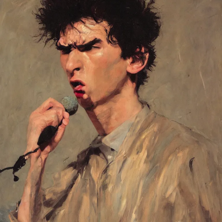 Prompt: warmly lit close up studio portrait of young angry! teenage Cosmo Kramer angrily singing, impasto oil painting thick brushstrokes by Cy Twombly and Anselm Kiefer , trending on artstation dramatic lighting Expressionism