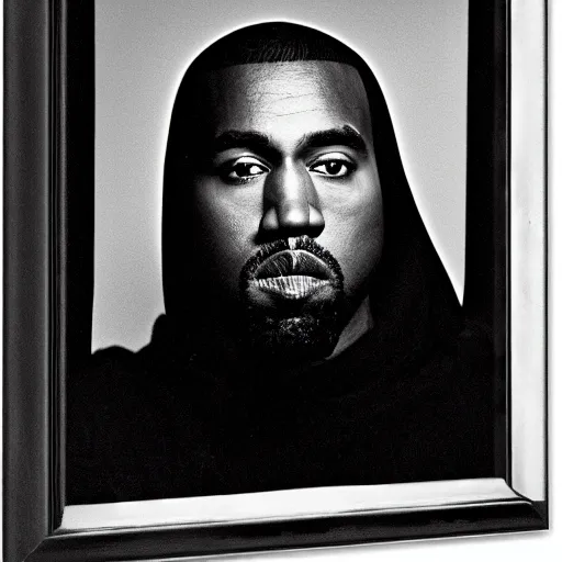 Image similar to a chiaroscuro lighting portrait of kanye west dressed as rick owens, black background, portrait by julia margaret cameron, shallow depth of field, 8 0 mm, f 1. 8